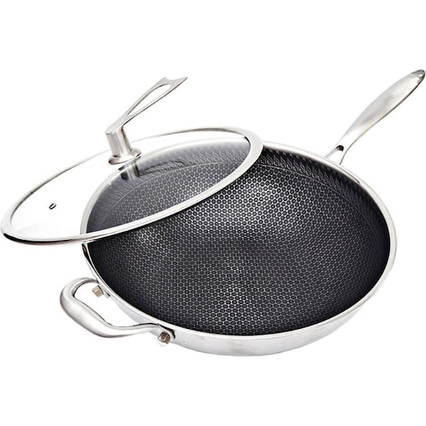 SOGA 34cm Stainless Steel Tri-Ply Frying Cooking Fry Pan Textured Non Stick Skillet with Glass Lid and Helper Handle