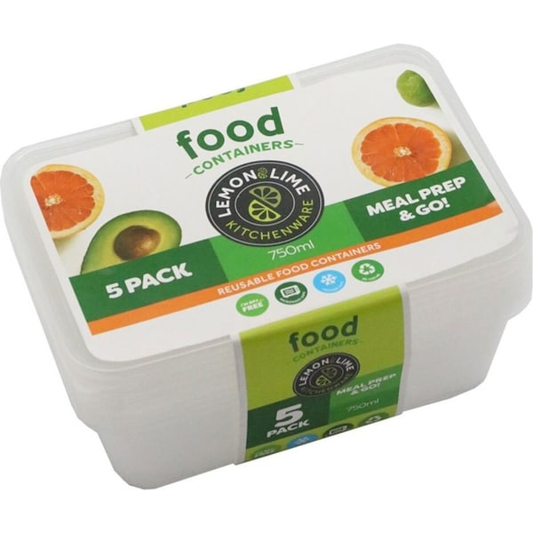 5pc Lemon & Lime 750ml 17cm Reusable Plastic Food Storage Container w/ Lid Clear