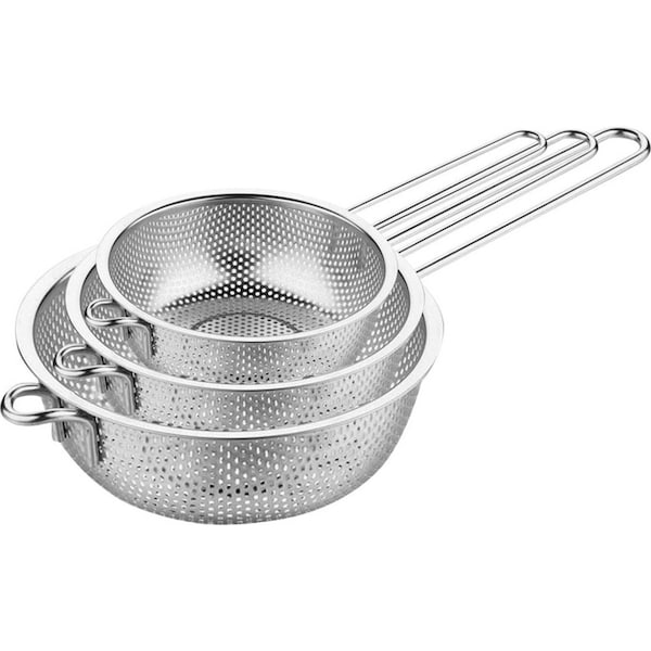 SOGA Stainless Steel Perforated Colander Fine Mesh Net Food Strainer Basket with Handle Skimmer Sieve Set