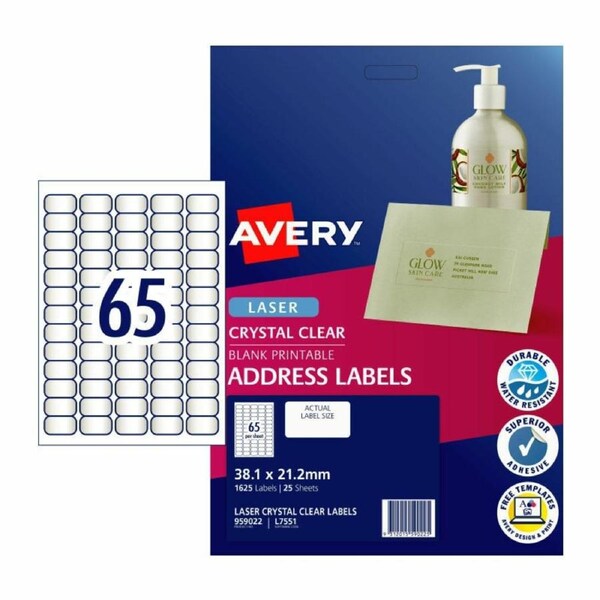 AVERY Laser Label Clear L7551 65Up Pk25