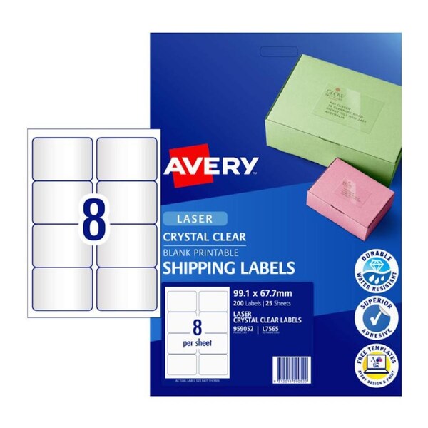 AVERY Laser Label Clear L7565 8Up Pack of 25