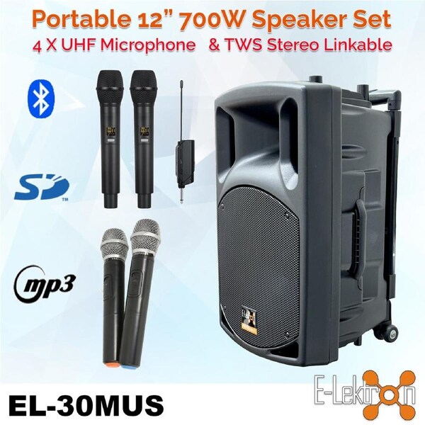 E-Lektron EL30-M 700W 12" inch Bluetooth Wireless linkable Loud Portable PA Speaker Sound System incl.4 UHF Handheld Mics for Karaoke Coach Speech Singing