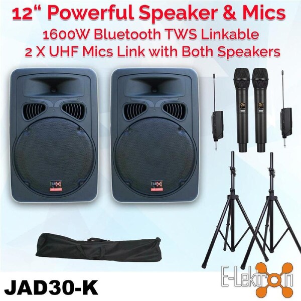E-Lektron JAD-30K 2X12" inch Karaoke Set 1600W Powered Bluetooth TWS Speakers 2 UHF Microphones Stands