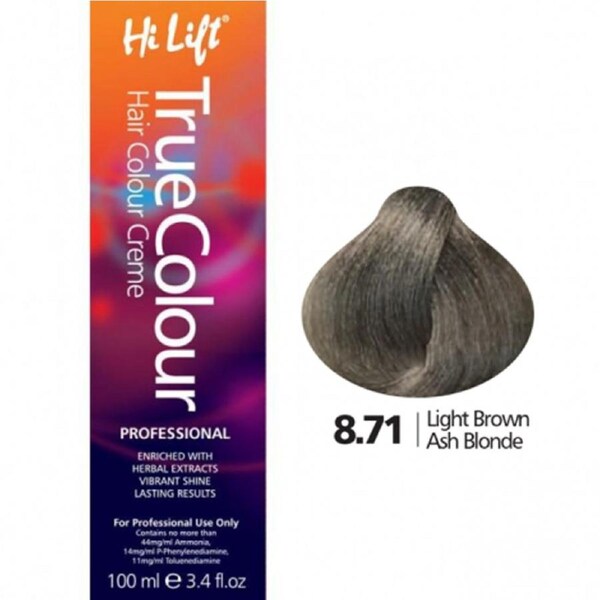 Hi Lift True Colour Permanent Hair Dye Cream 8.71 Light Brown Ash Blonde 100ml