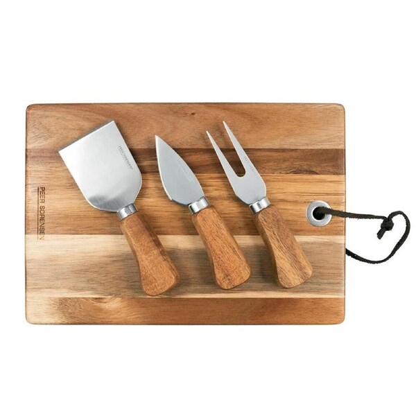 Peer Sorensen Rectangle Wood Cheese Cutting Serving Board w/ 3 Knives Set Brown