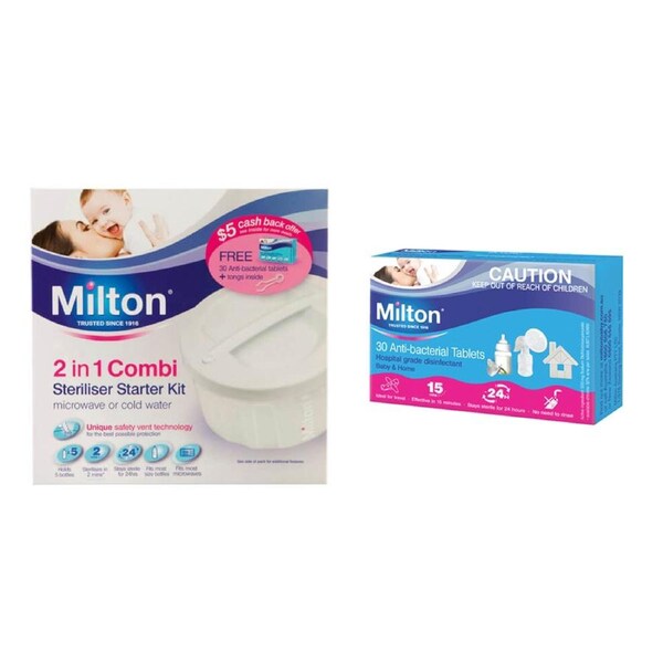 Milton Combi Baby Bottle Steriliser & 60pc Anti-Bacterial Cleaning Tablets Combo