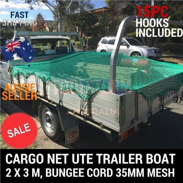 CARGO NET 2X3 UTE TRAILER TRUCK 2MX3M NYLON 35MM MESH BUNGEE CORD FREE 15PC HOOK