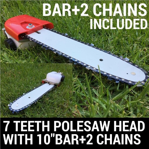 NEW 7 TEETH POLESAW POLE SAW HEAD REPLACEMENT W/BAR+2CHAIN BRUSHCUTTER CHAIN SAW