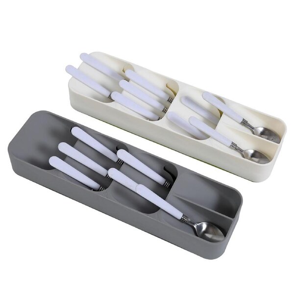Traderight Kitchen Drawer Organiser Cutlery Tray Insert Cabinet Utensil Storage Box Holder White + White
