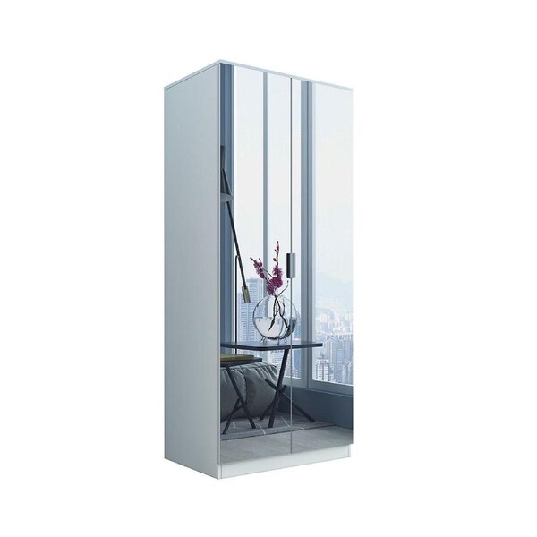 2 Door Mirrored Wardrobe Dresser with 3 Storage Shelves 2 Drawers Cabinet Closet White