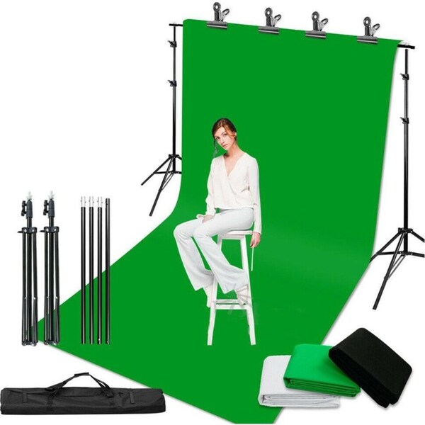 Chroma Key Green Screen Black White Background Stand Kit - 2X3M