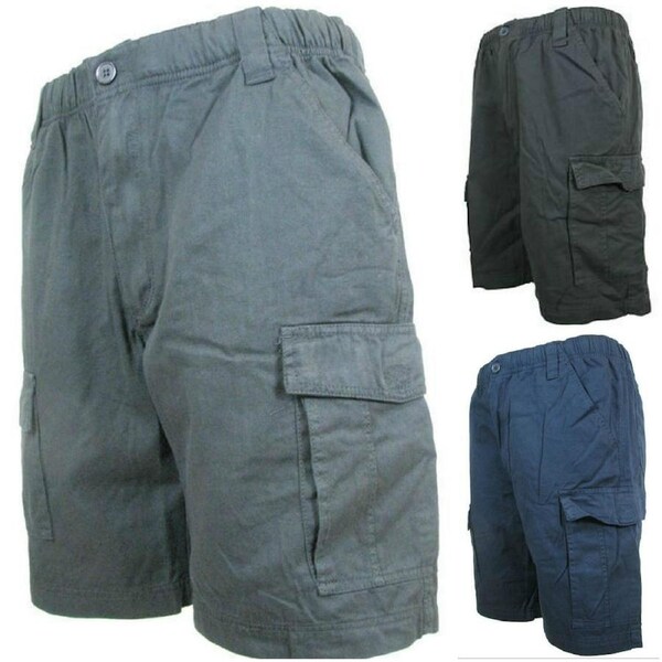 CARGO SHORTS Elastic Waist 100% COTTON Army Military PLAIN Pocket Mens S-XXL Black / S