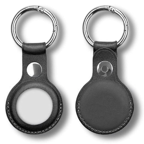 [2 pack] MEZON Black PU Leather Protective Case Holder for Apple AirTag Tracker with Keychain Ring (Leather, 2x Black)