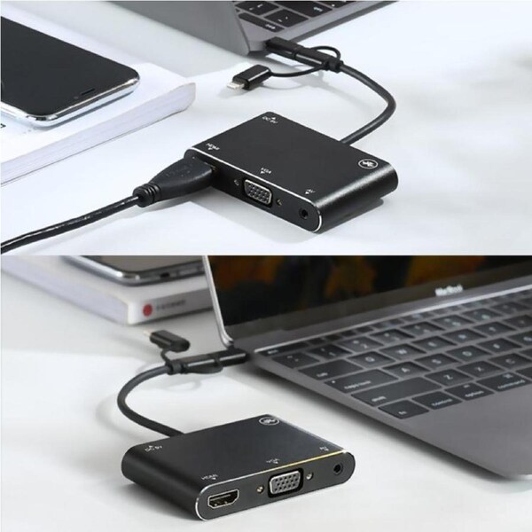 3 in 1 8 Pin + Micro USB + Type-C to AV + HDMI + VGA 15 Pin HD Screen Player Adapter Converter with Audio