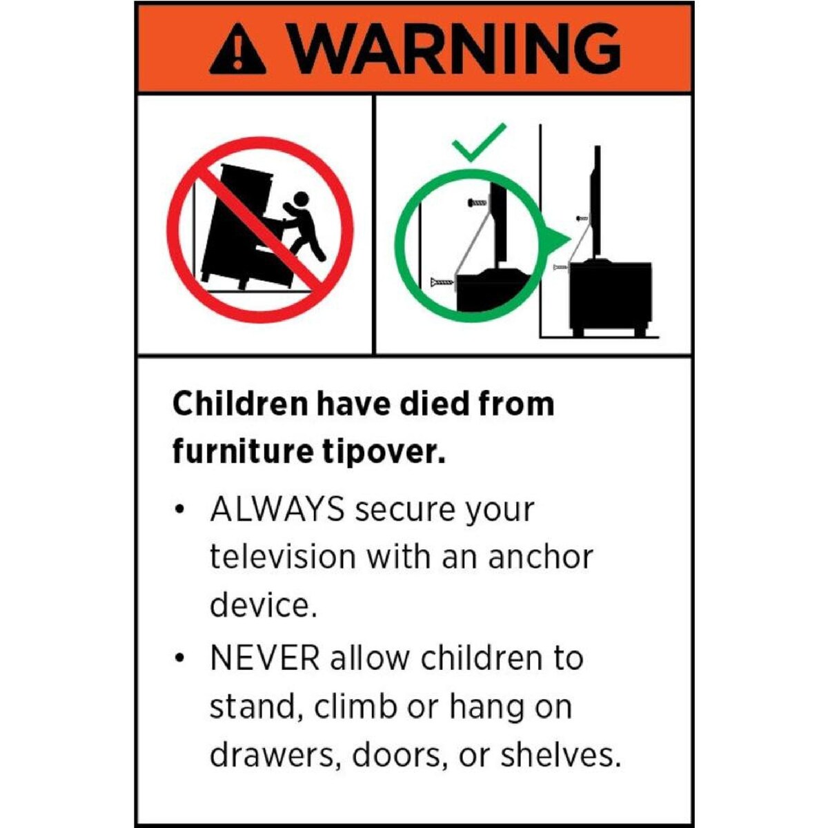 TV unit warning sign with child hazard icon and anchor instructions