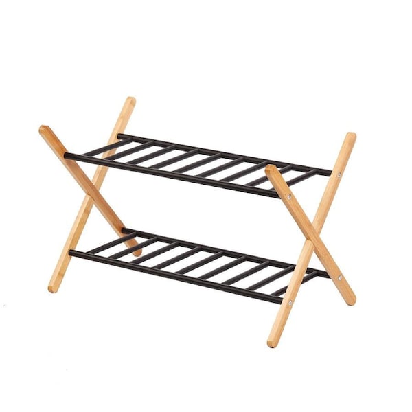 Sherwood Home 2-Tier Portable Natural Bamboo and Metal Shoe Rack - Light Brown- 66X35.5X42cm
