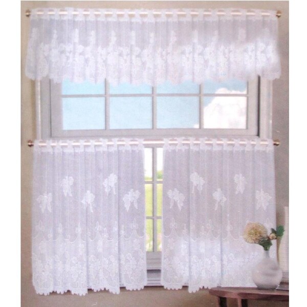 3 Pce Cafe Flora Lace Curtain Set - Polyester, Machine Washable