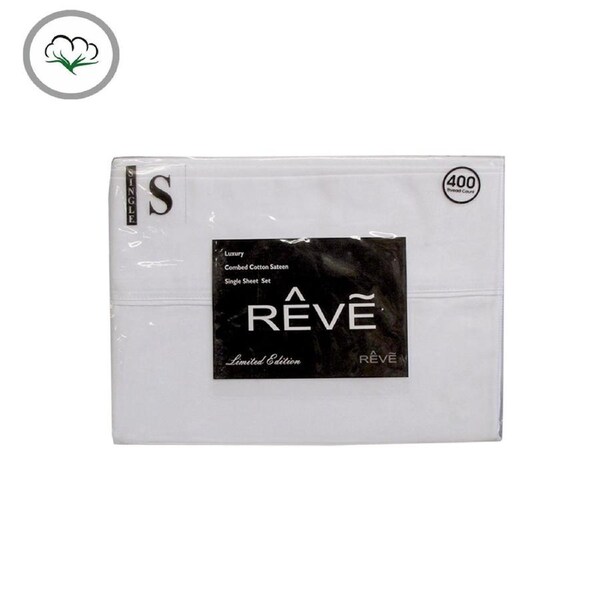 400TC Reve 100% Cotton Sateen Sheet Set White Single