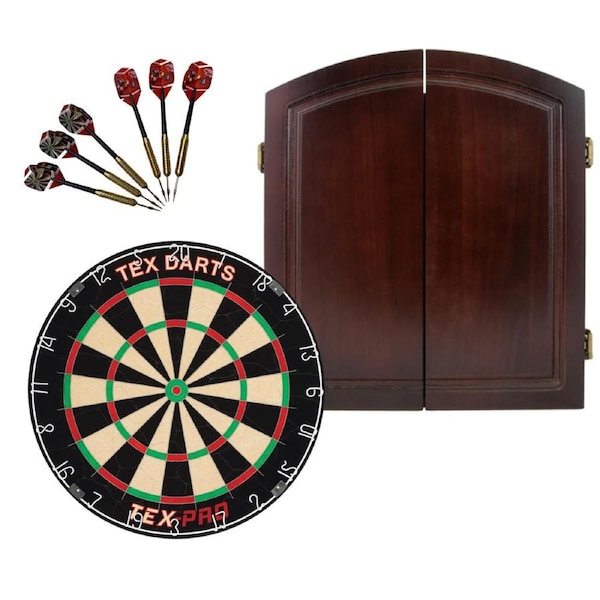 TEX PRO Tournament Blade Dart Board + Solid Wood Cherry Cabinet + Darts Set