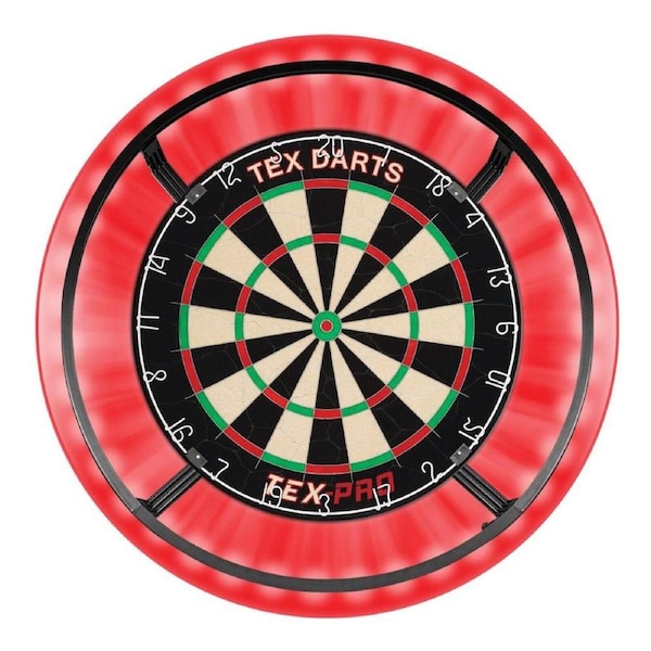 TEX Pro Genuine Bristle Dart Board + RED Dartboard Surround + Target Corona Light + Darts