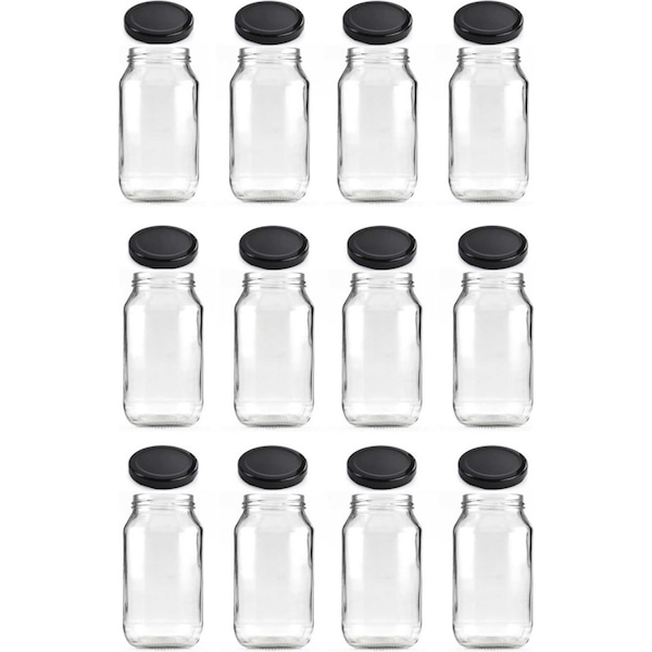12x 500ml Flint Glass Jars + Twist Lids - Round Food Storage Preserving Jar