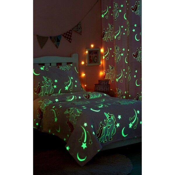 Kids Glow In The Dark Blanket, Curtain, Pillowcase Set Unicorn