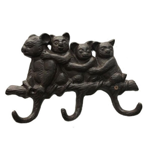 Mr Gecko Cast Iron Hand Made Wall Hanger 3 Hooks Cuddling Koalas Design