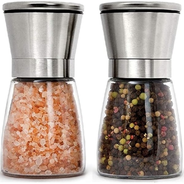 Catzon 2 Packs Stainless Steel Salt and Pepper Grinder Set Short Glass Ceramic Sea Salt Grinder & Pepper Shaker Pepper Mill & Salt Mill - Silver