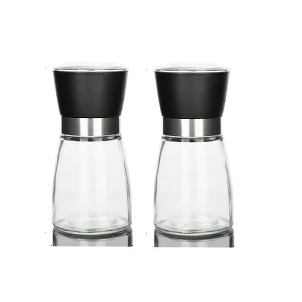 Catzon 2 Packs Salt and Pepper Grinder Set Short Glass Ceramic Sea Salt Grinder & Pepper Shaker Pepper Mill & Salt Mill - Black