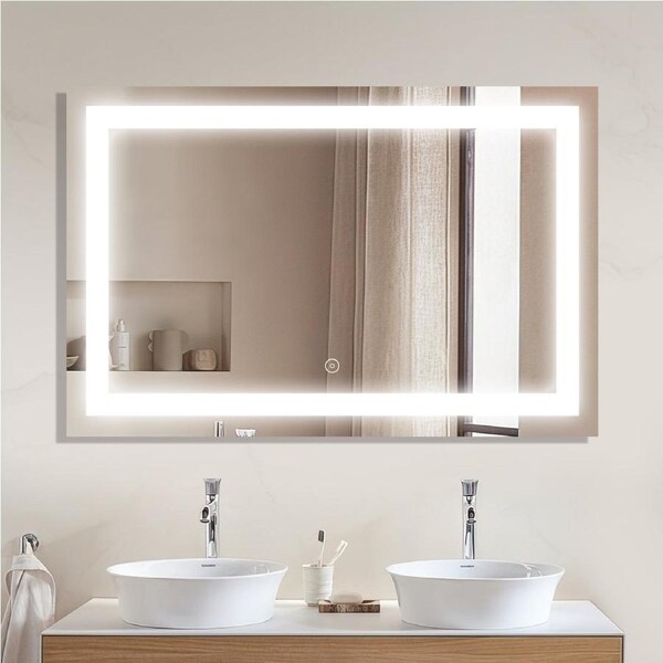 ELEGANT Rectangular White Vertical/Horizontal Wall-mounted Bathroom Mirror 1200x800mm Front-lit LED Light Anti-Fog Touch Switch