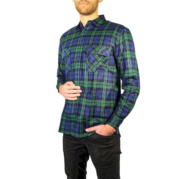 Mens Flannelette Long Sleeve Shirt 100% Cotton Check Authentic Flannel - Full Placket Green / S
