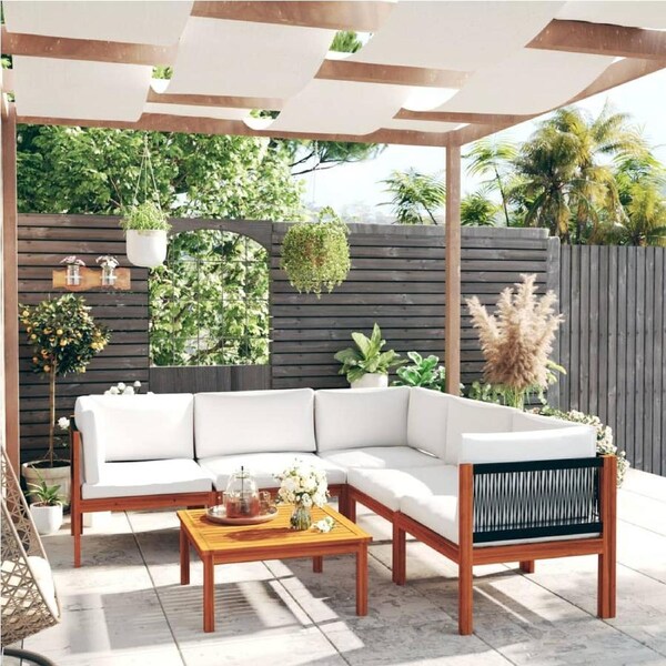 6 Piece Garden Lounge Set with Cushions Cream Solid Acacia Wood vidaXL