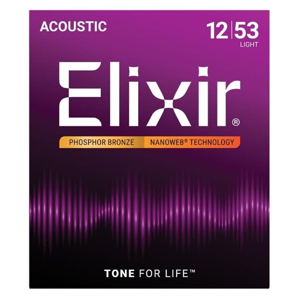 Elixir 16052 Nanoweb Phosphor Bronze Light Acoustic Guitar Strings 12-53