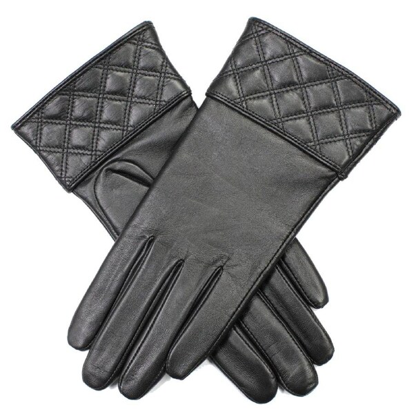 Dents Hazel Womens Leather Gloves w Quilted Cuffs Fleece Lining Genuine - Black Medium
