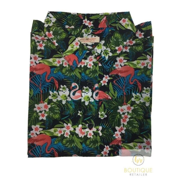 Mens Oahu Hawaiian Party Shirt Button Hippie Tops Short Sleeve Beach Holiday Beach Flamingo (1428) / S