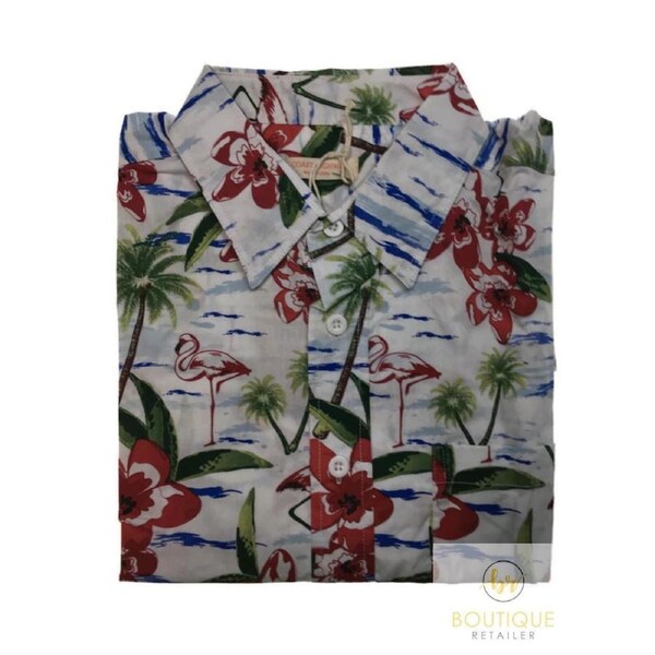 Mens Oahu Hawaiian Party Shirt Button Hippie Tops Short Sleeve Beach Holiday Garden Flamingo (1423) / M