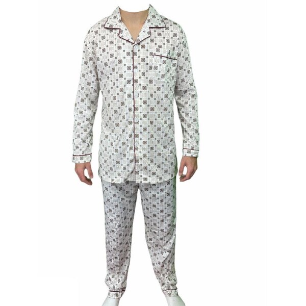 Mens Cotton Pajamas Pyjamas PJs Long Sleeve Shirt Tops + Pants Set Sleepwear White/Brown / S