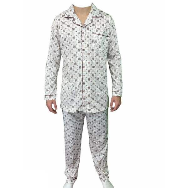 Mens Cotton Pajamas Pyjamas PJs Long Sleeve Shirt Tops + Pants Set Sleepwear White/Brown / M