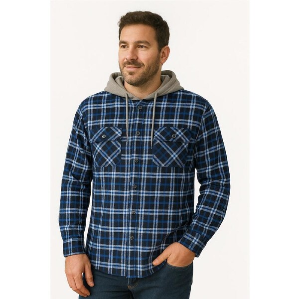 Mens Cotton Flannelette Shirt w Jersey Hood Long Sleeve Flannel Green / S