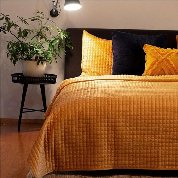 Adela Mustard Velvet Quilted Coverlet Set Queen/King