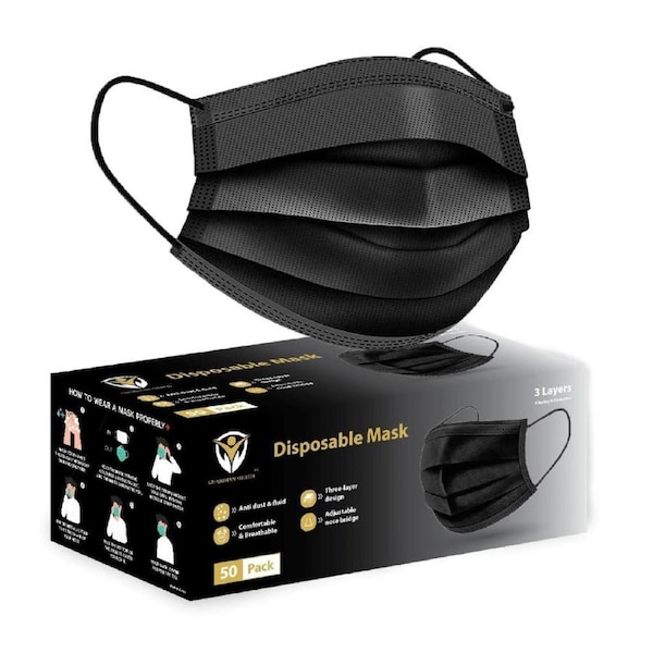 50pk of 3 Layer Disposable Face Masks-Black