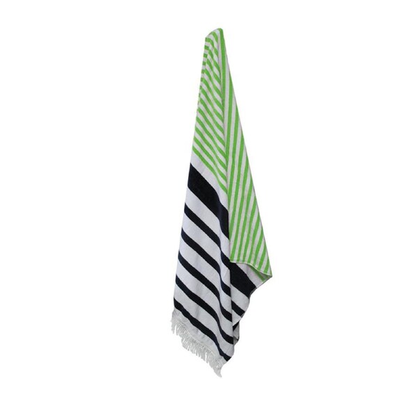 Rainbow Striped Fringe Cotton Beach Towel Green/Navy by Onkaparinga