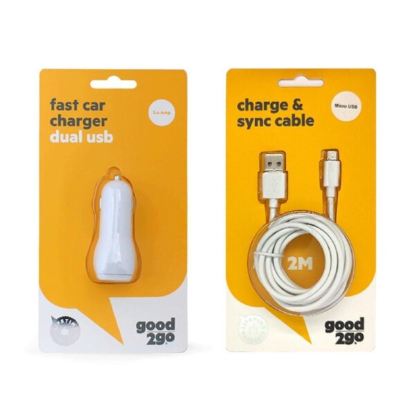 Good 2 Go 2M Micro USB Cable & 3.4A Car Charger Combo for Samsung/Android Phone