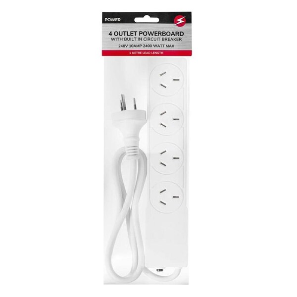 Power 4 Outlet Powerboard 1m Lead Extension Power Board Strip Cord/Socket White