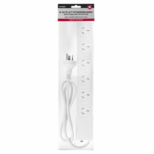 Power 6 Outlet Powerboard 1m Lead Extension Power Board Strip Cord/Socket White