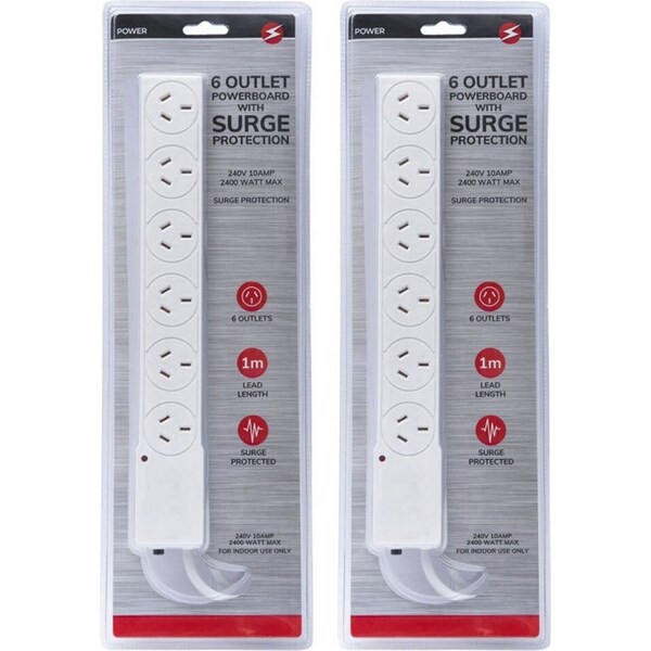 2x Power 6 Outlet Powerboard 1m Lead Extension Strip Socket w/ Surge Protection