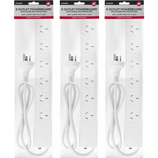 3x Power 6 Outlet Powerboard 1m Lead Extension Power Board Strip Cord/Socket WHT