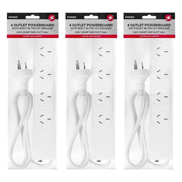 3x Power 4 Outlet Powerboard 1m Lead Extension Power Board Strip Cord/Socket