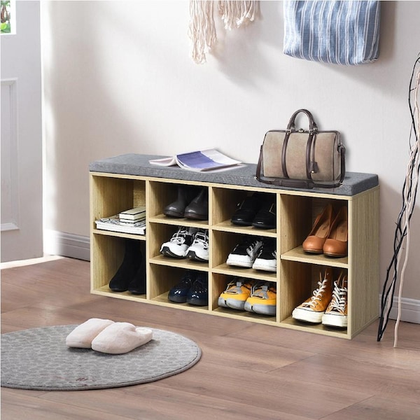 Costway Shoe Cabinet Bench Shoe Storage Rack Organizer Shelf Cupboard Box w/Padded Seat Hallway Furniture Natural