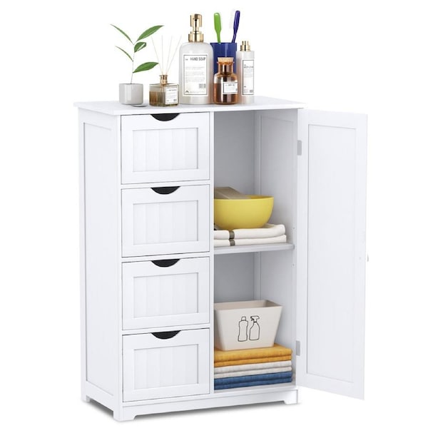 Costway Bathroom Cabinet Wooden Storage Cupboard Toilet Organizer w/4 Drawers & Door, Kitchen Hallyway Living Room, White
